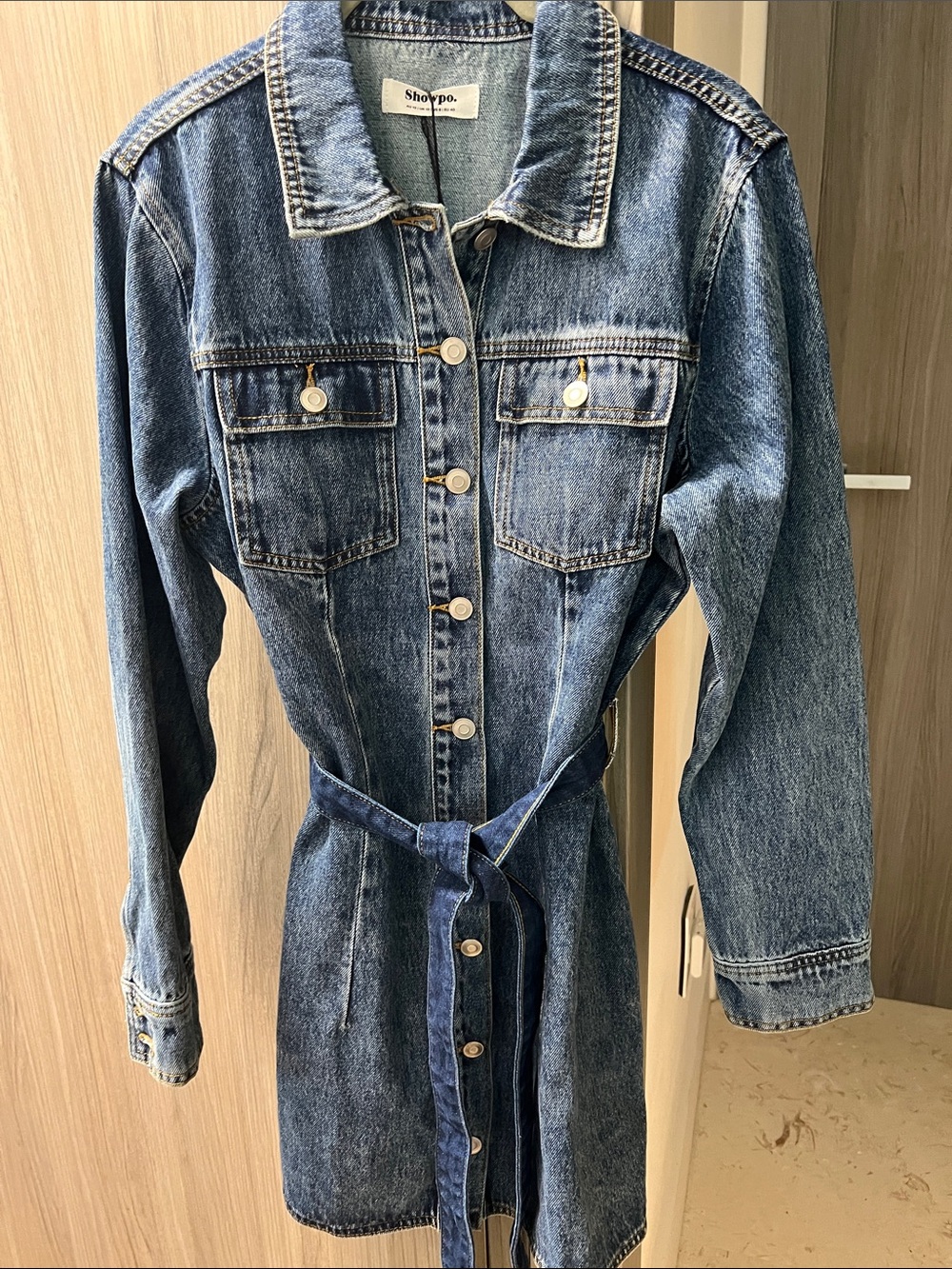 NWT REVOLVE Australia SHOWPO Enriquetta denim dress belted US 8 - Picture 2 of 14